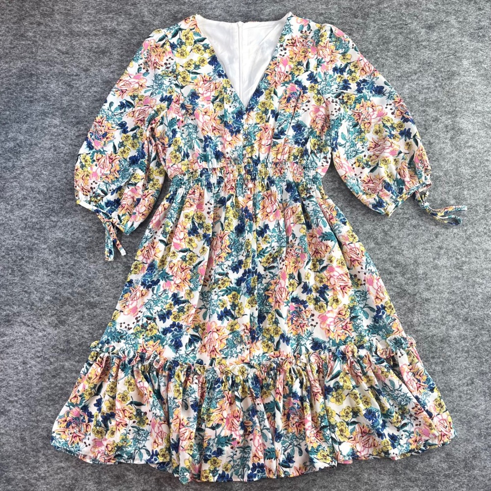 Taylor Floral V-Neck Smocked Dress Womens M Multicolor Boho Chiffon Cottagecore - Picture 2 of 12